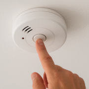 Hand pressing test button on white ceiling-mounted smoke detector for safety and maintenance.