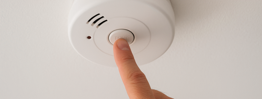 Hand pressing test button on white ceiling-mounted smoke detector for safety and maintenance.