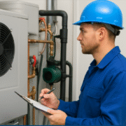 Worker in blue hard hat inspecting HVAC equipment using clipboard in a professional setting.