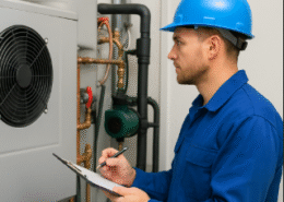 Worker in blue hard hat inspecting HVAC equipment using clipboard in a professional setting.