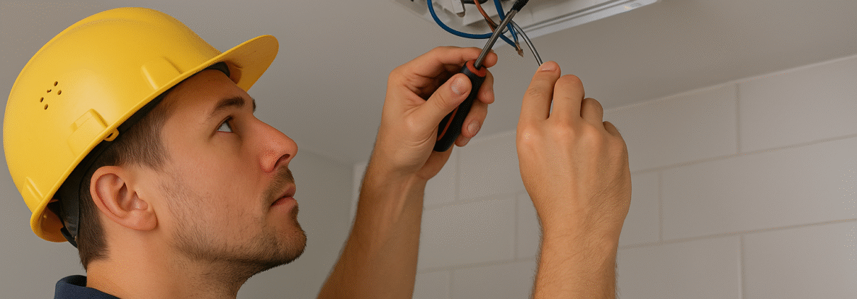 Electrician in yellow hard hat fixing wires in ceiling vent using screwdriver in tiled room.
