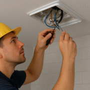 Electrician in yellow hard hat fixing wires in ceiling vent using screwdriver in tiled room.