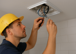 Electrician in yellow hard hat fixing wires in ceiling vent using screwdriver in tiled room.