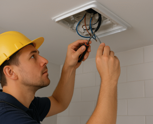Electrician in yellow hard hat fixing wires in ceiling vent using screwdriver in tiled room.