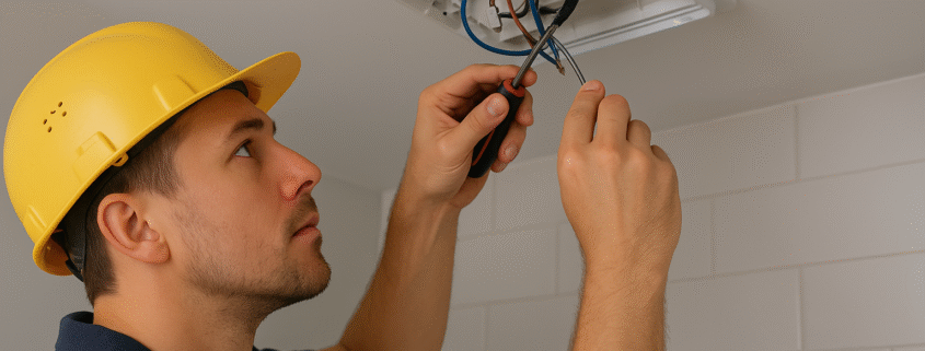 Electrician in yellow hard hat fixing wires in ceiling vent using screwdriver in tiled room.