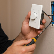 Person installing white dimmer switch on wall using screwdriver, electrical work in progress.