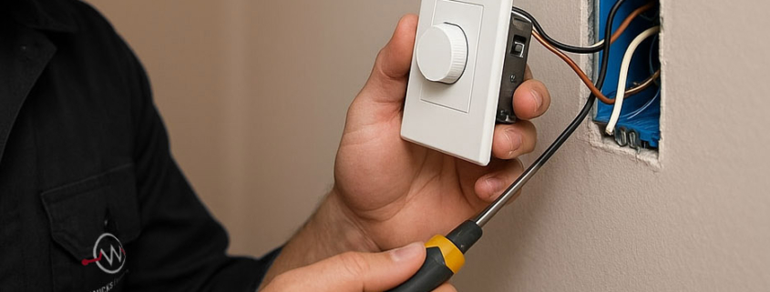 Person installing white dimmer switch on wall using screwdriver, electrical work in progress.