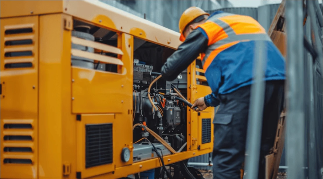 commercial-generator-service-vancouver-backup-power-technician-wicks-electric Technician performing commercial generator service in Vancouver, maintaining backup power system for business continuity by Wicks Electric