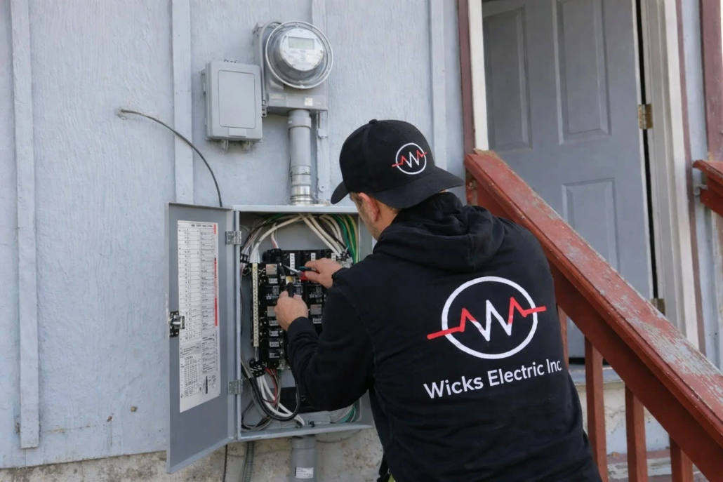 residential-electrical-panel-upgrade-replacement-electrician Electrician performing residential electrical panel upgrade and service replacement on outdoor breaker panel