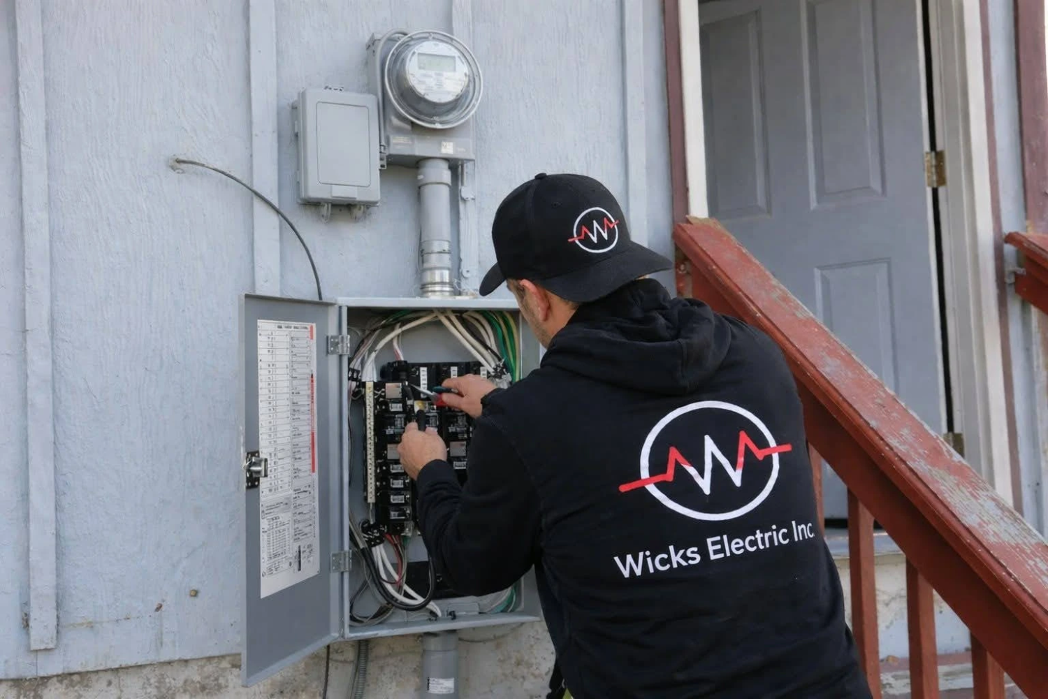 Electrician performing residential electrical panel upgrade and service replacement on outdoor breaker panel