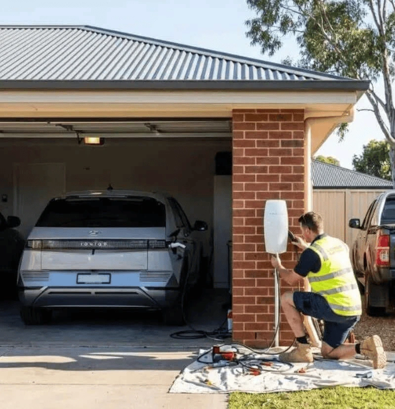 residential-ev-charging-station-home-installation-garage Technician installing a residential EV charging station in a home garage with electric vehicle parked