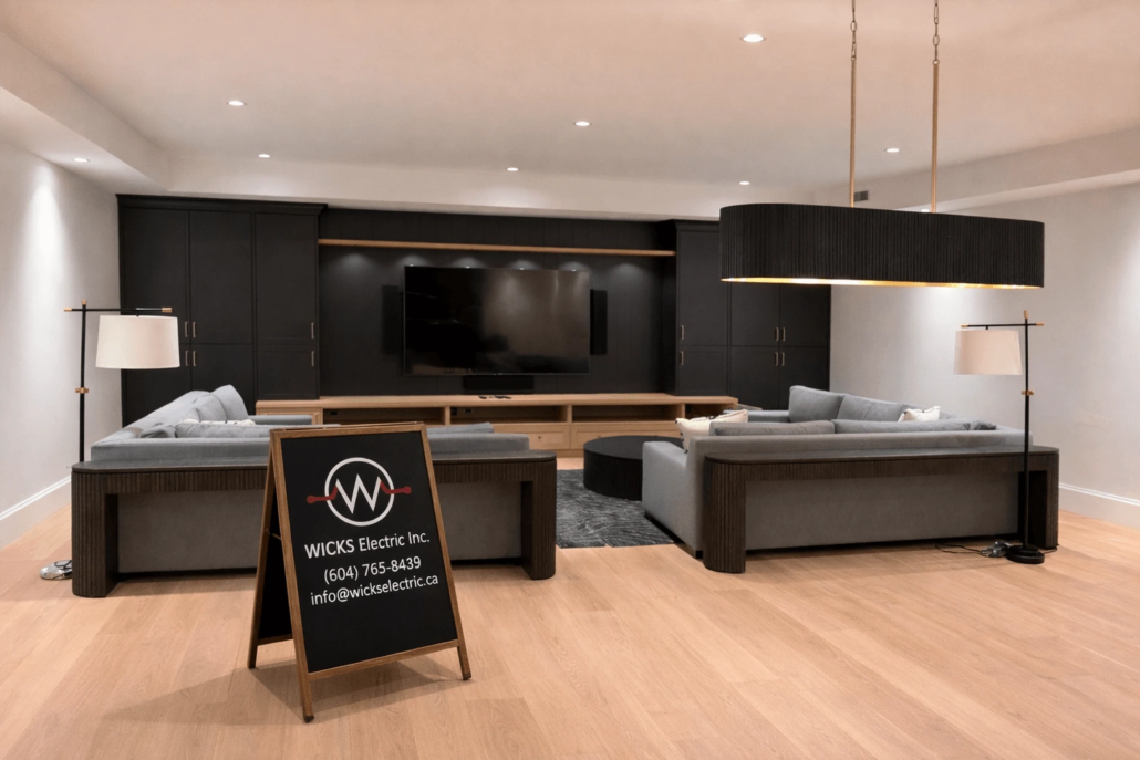 Modern living room with recessed LED lighting and pendant fixture showcasing residential lighting upgrades and improved home illumination